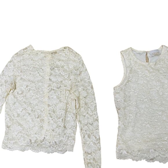 California Style Womens 2 Piece Blouse Sleeveless Ivory Lace Size Small Cardigan - Picture 11 of 14